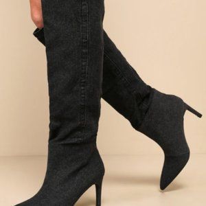 Black Denim Knee-High Pointed-Toe Boots